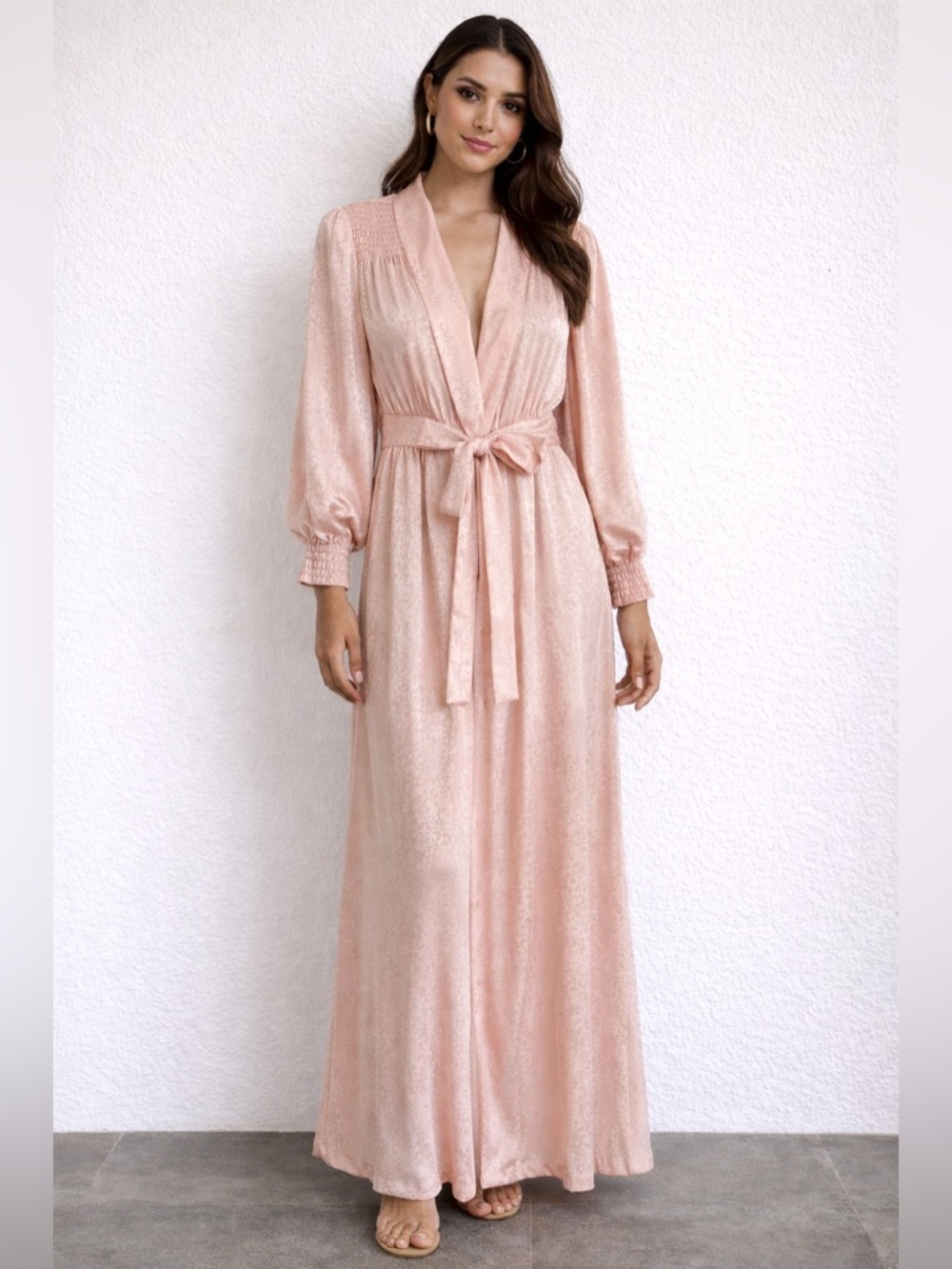 Vintage Gilligan O'Malley Pink Floral Jacquard Wrap Robe Smocked Sleeve